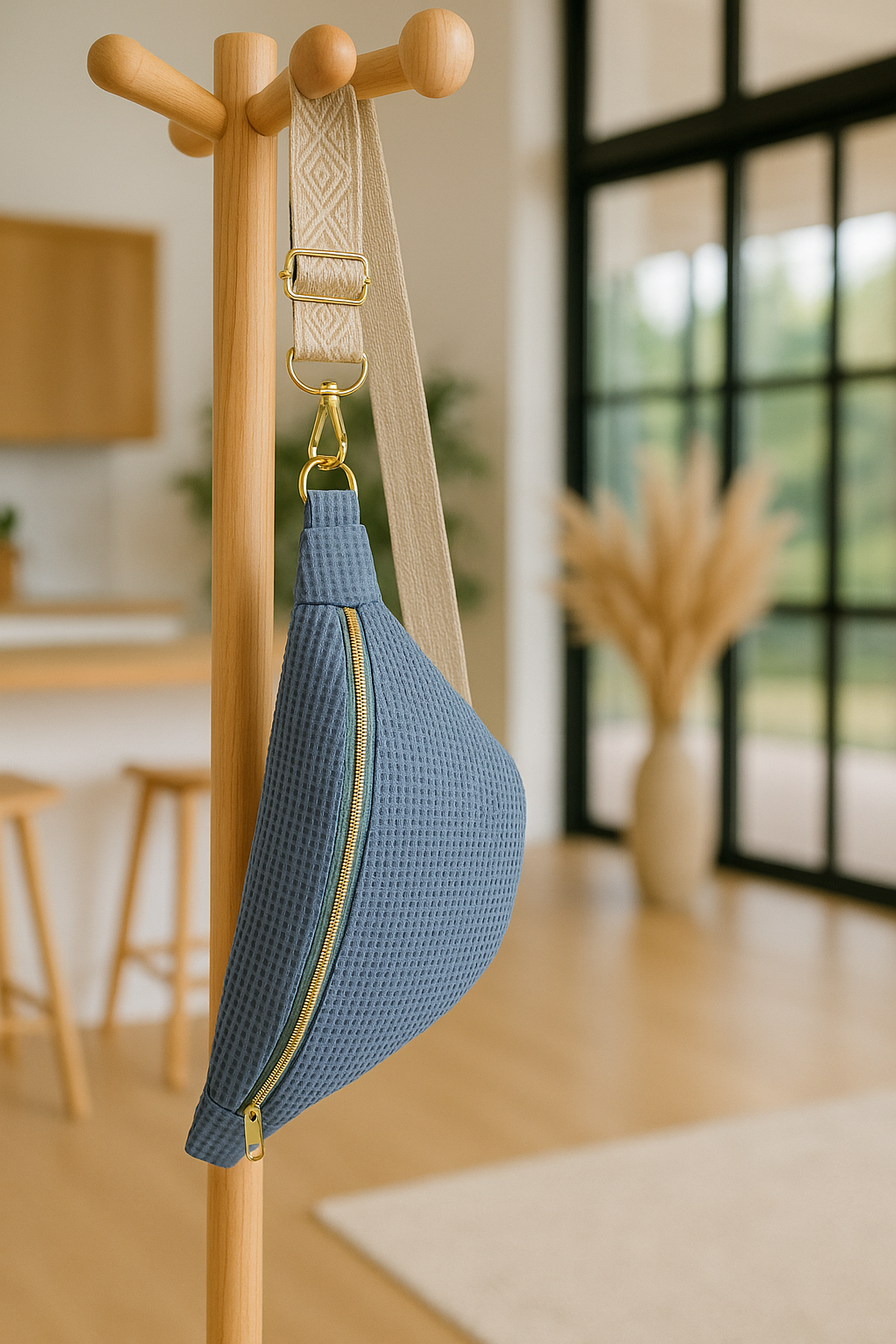 Sac banane pour femme fait main en nid d'abeille bleu " EBI "