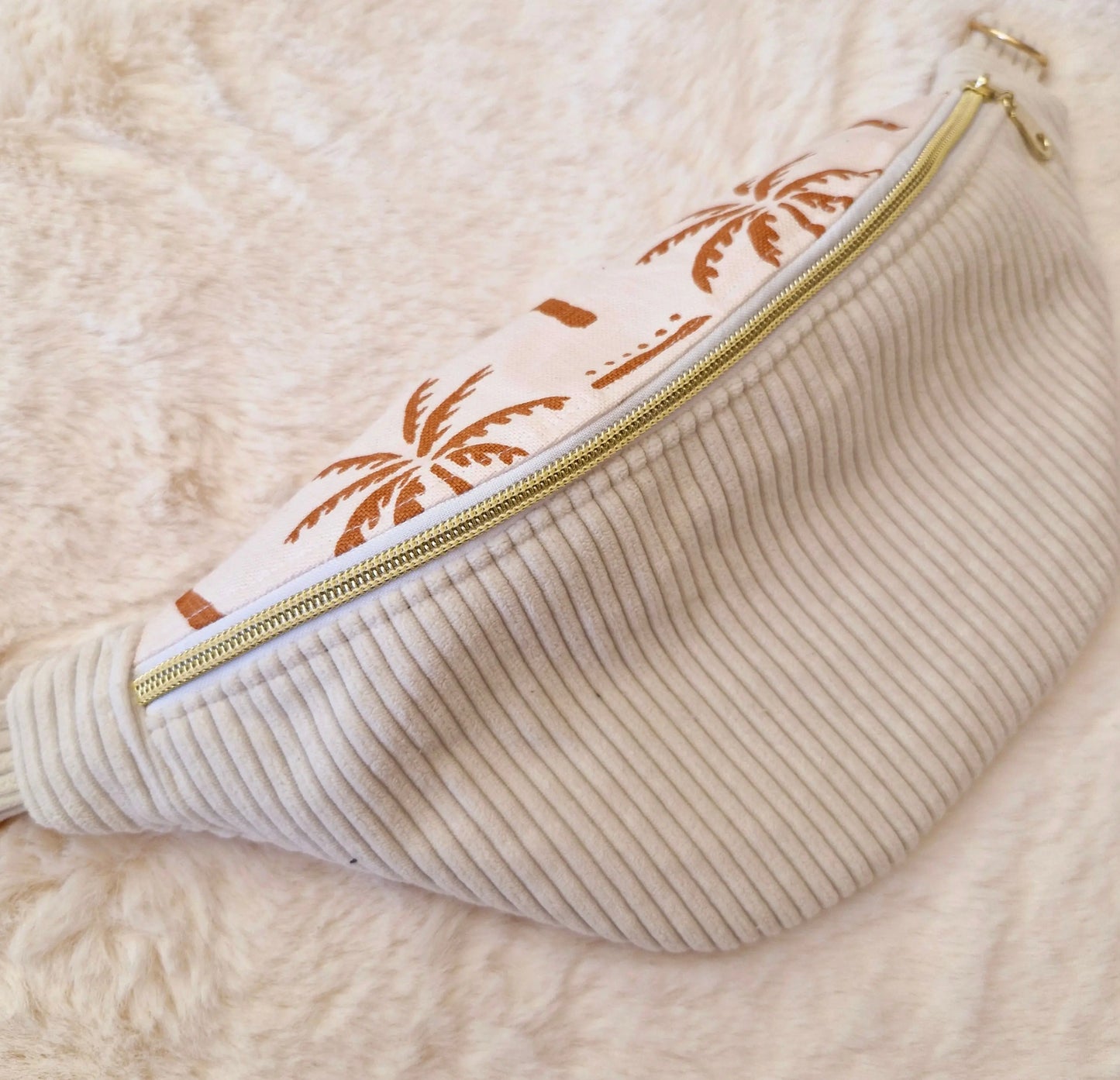 Sac banane femme en velours côtelé blanc écru motif palmier "NOMAD" Ma boutique