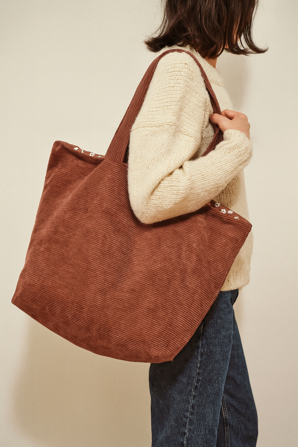 Sac cabas en velours côtelé marron – grand tote bag – – cocoleeline