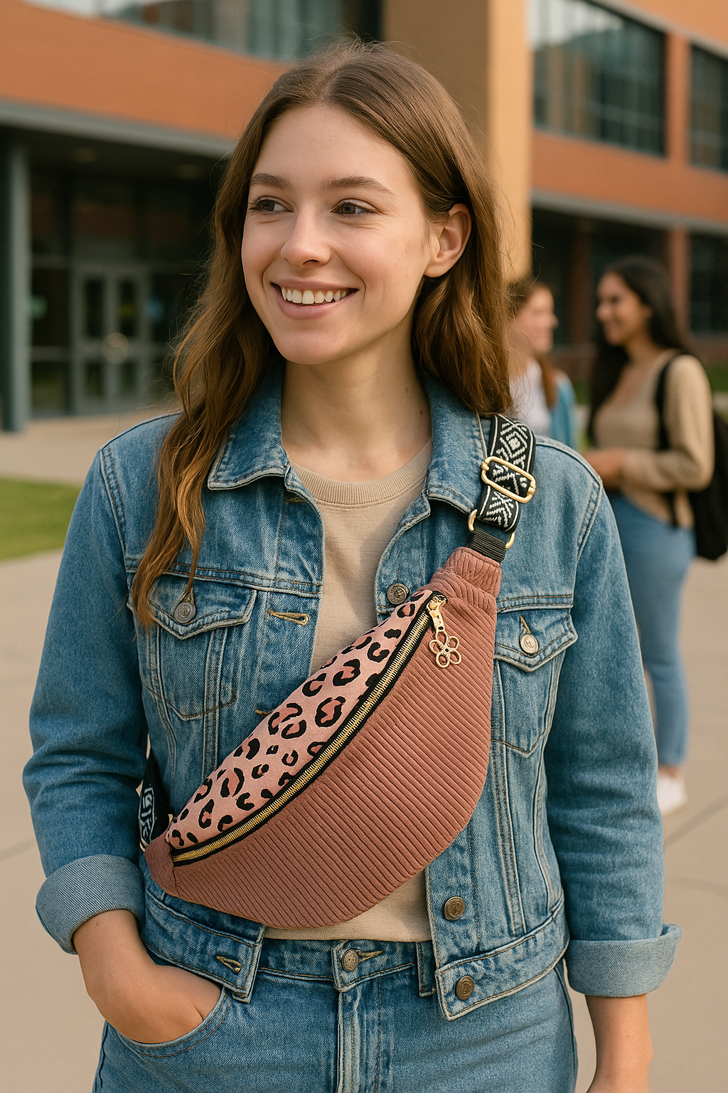 Sac banane femme en velours côtelé rose et motif léopard cocoleeline
