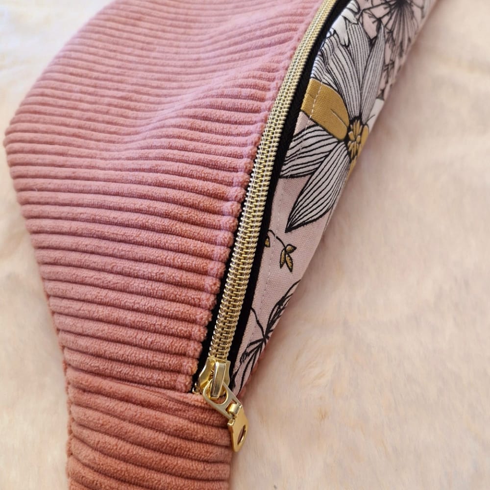 Sac banane femme en velours côtelé rose et fleur "WILLOW"