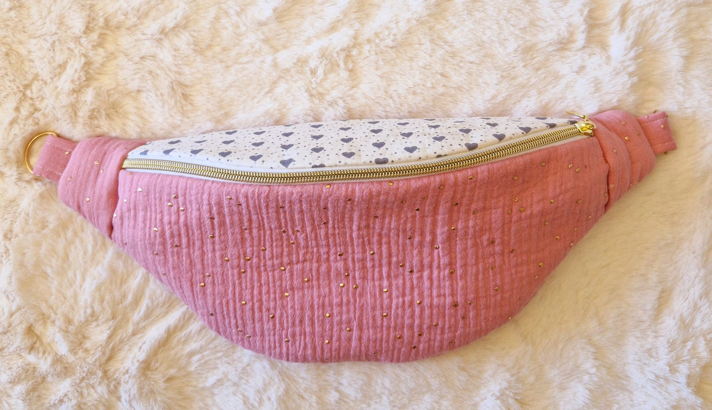 Sac Banane Femme en Double Gaze Rose avec Motif Petit Cœur - Accessoire Tendance et Confortable "VELBAN" cocoleeline