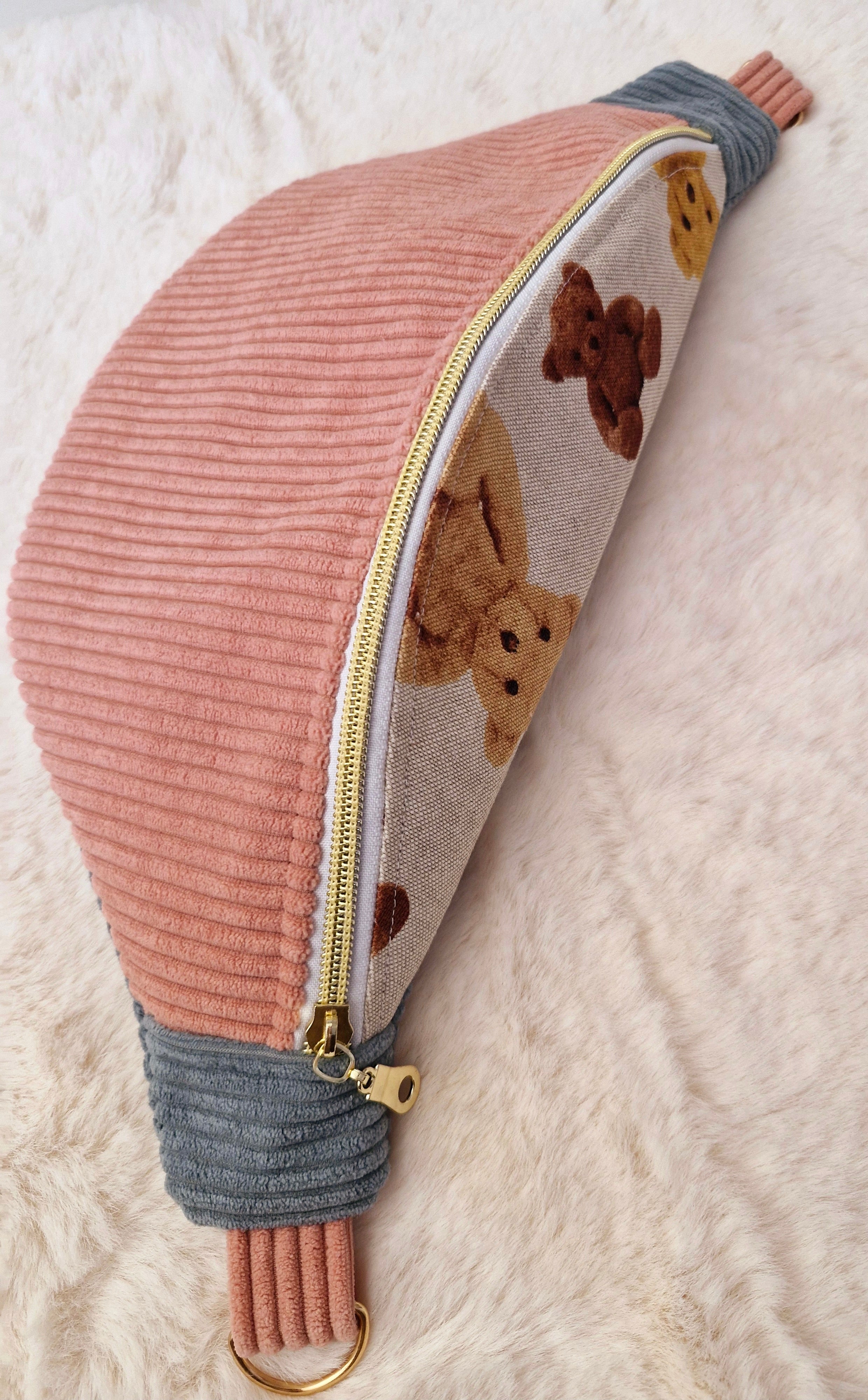 Sac banane velours côtelé rose et bleu motif ourson "VALOU" cocoleeline