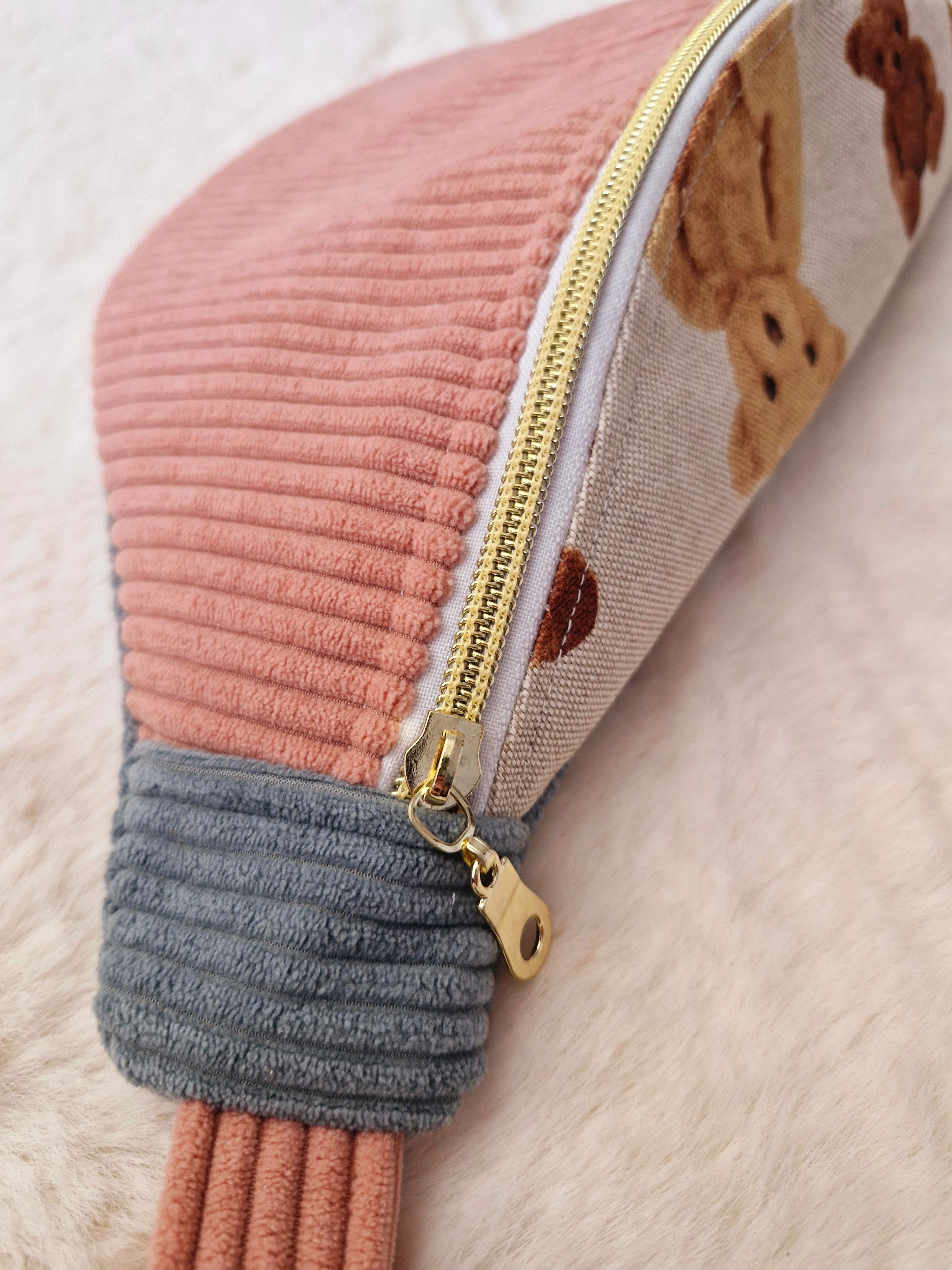Sac banane velours côtelé rose et bleu motif ourson "VALOU" cocoleeline