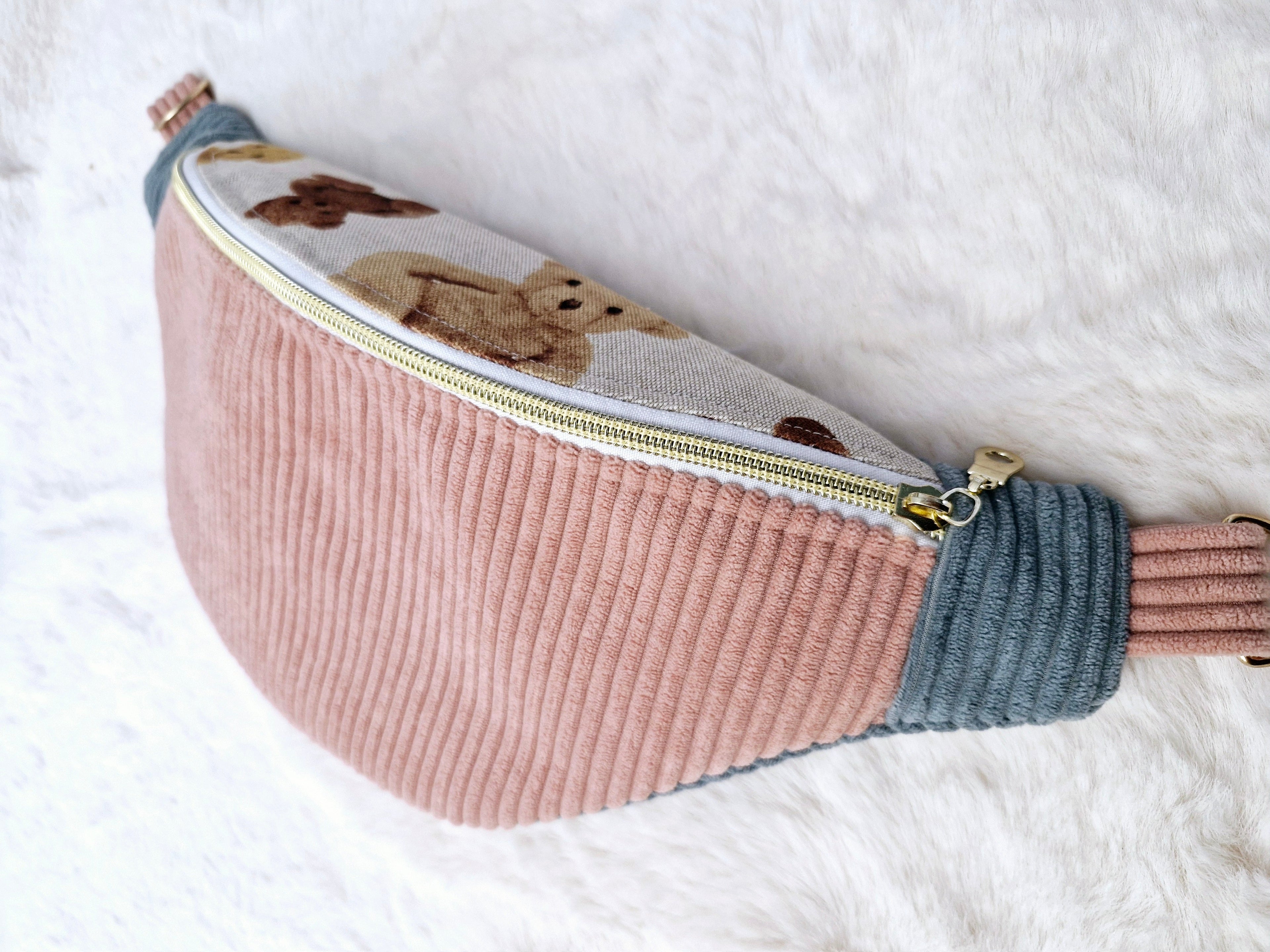 Sac banane velours côtelé rose et bleu motif ourson "VALOU" cocoleeline