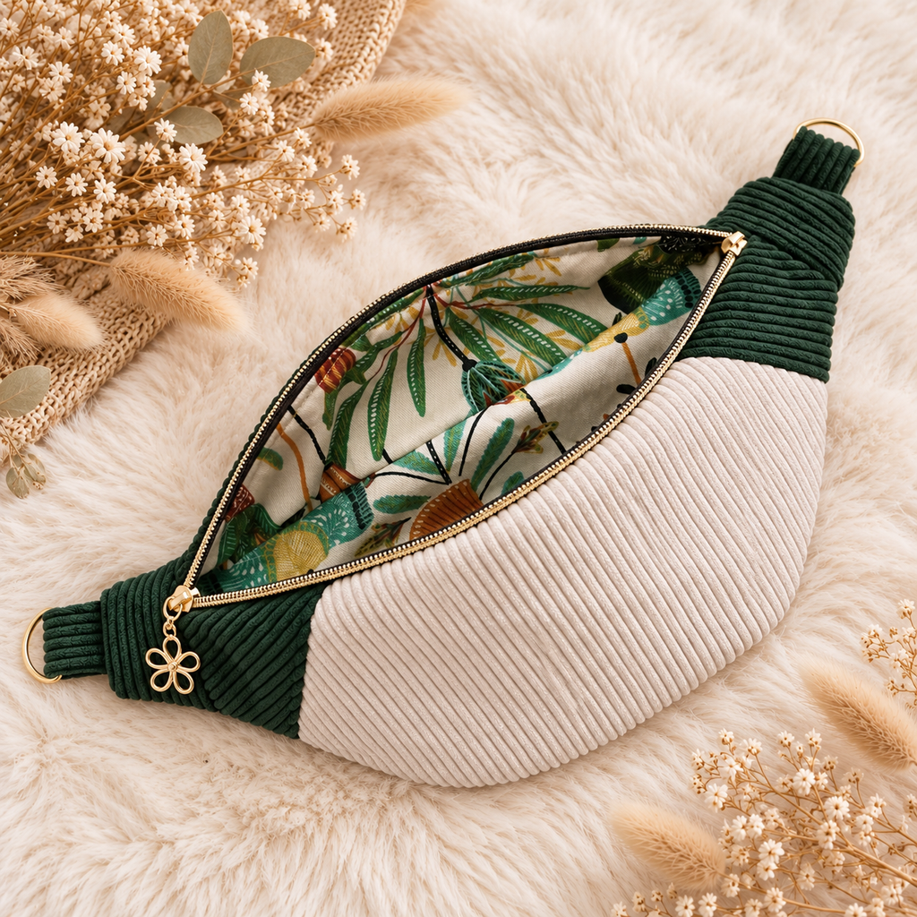 Sac banane pour femme velours côtelé vert et écru cocoleeline