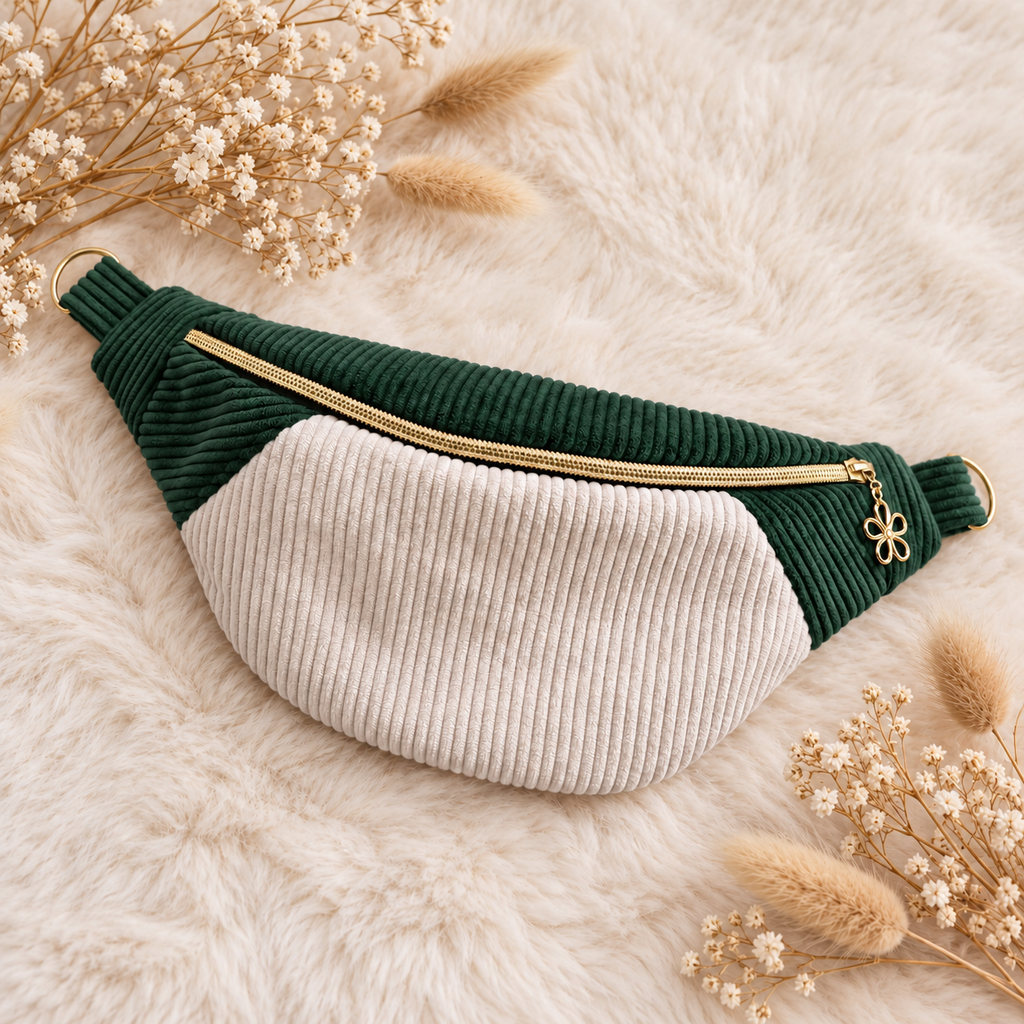 Sac banane pour femme velours côtelé vert et écru cocoleeline