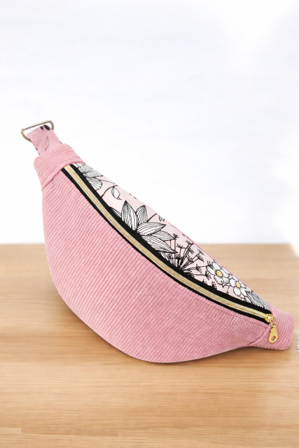 Sac banane femme en velours côtelé rose et fleur "WILLOW" Ma boutique