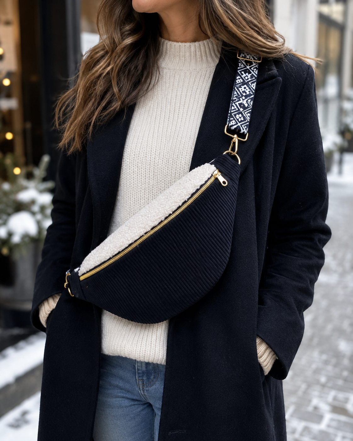 Sac banane femme en velours côtelé noir et moumoute blanche "FANNIA" cocoleeline