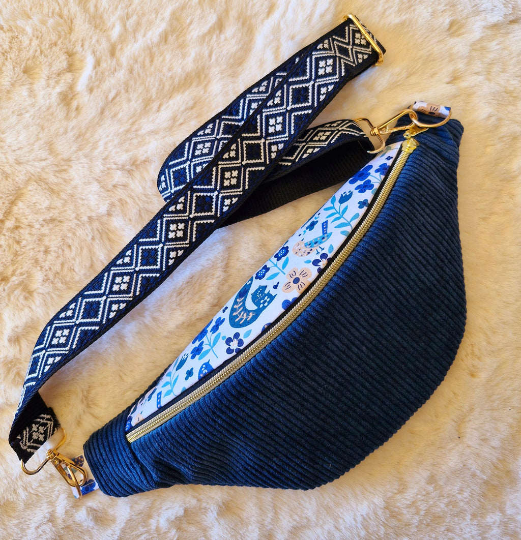 Sac banane femme en velours côtelé bleu clair ou foncé  "DREAM" cocoleeline