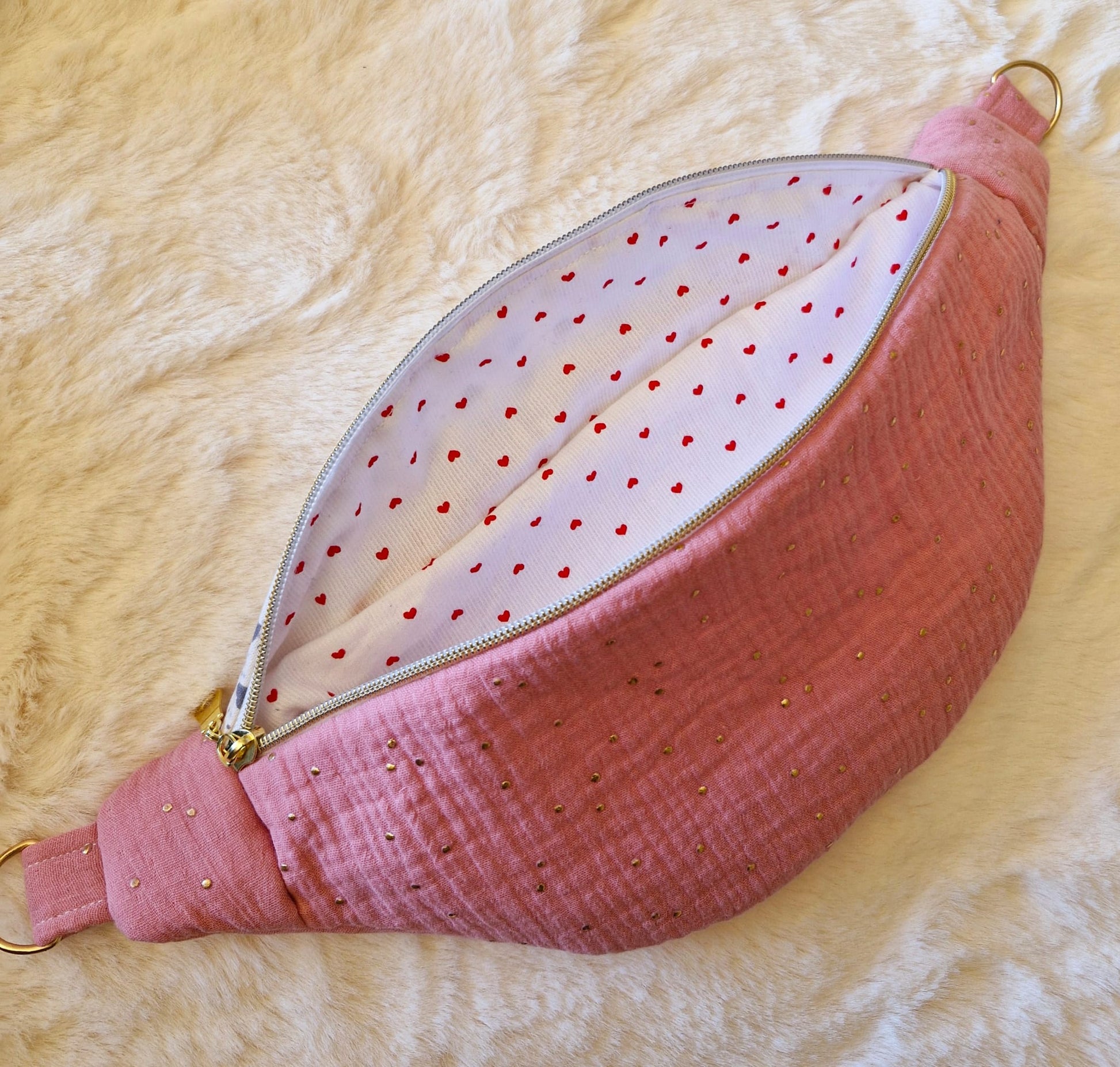Sac Banane Femme en Double Gaze Rose avec Motif Petit Cœur - Accessoire Tendance et Confortable "VELBAN" cocoleeline