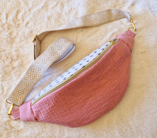 Sac Banane Femme en Double Gaze Rose avec Motif Petit Cœur - Accessoire Tendance et Confortable "VELBAN" cocoleeline