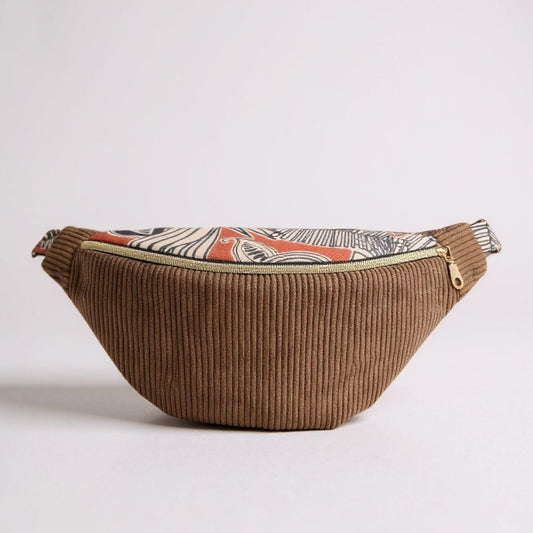 Sac banane en velours côtelé marron et tissu imprimé – fait main en France – Idée cadeau de noël cocoleeline