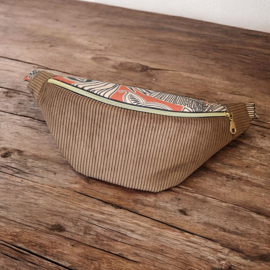 Sac banane en velours côtelé marron et tissu imprimé – fait main en France – Idée cadeau de noël cocoleeline