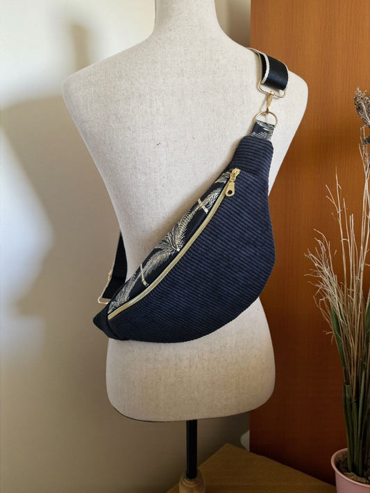 Sac banane femme en velours côtelé noir, motif doré, , sac tendance chic, Fait main en France cocoleeline