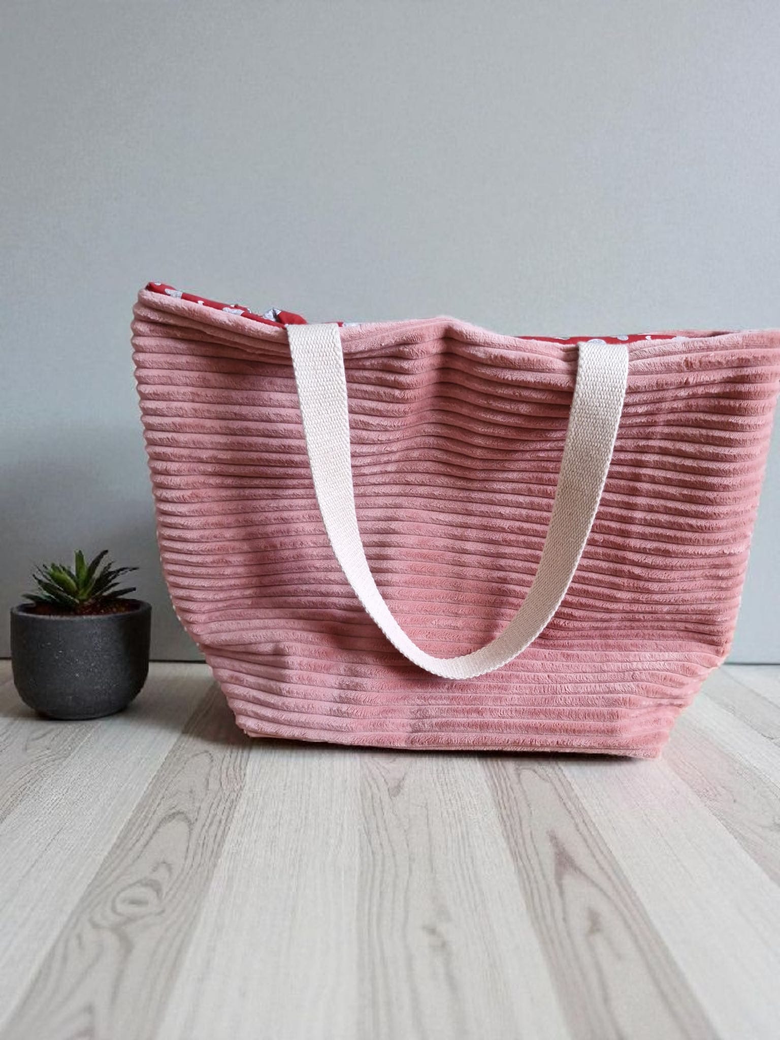 Grand sac cabas en velours côtelé rose clair sac de plage, sport, courses ou vacances, sac pour yoga – fait main en France cocoleeline
