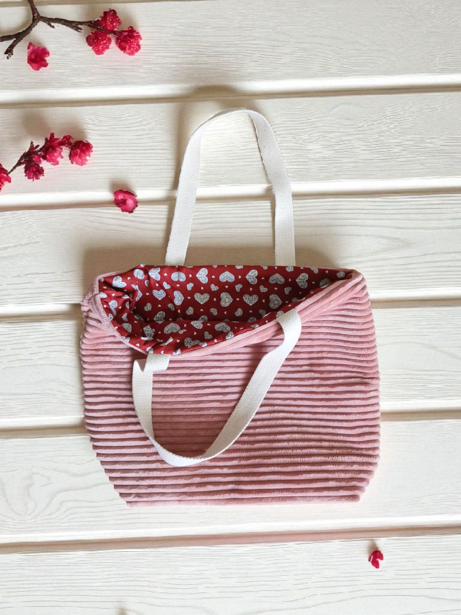 Grand sac cabas en velours côtelé rose clair sac de plage, sport, courses ou vacances, sac pour yoga – fait main en France cocoleeline