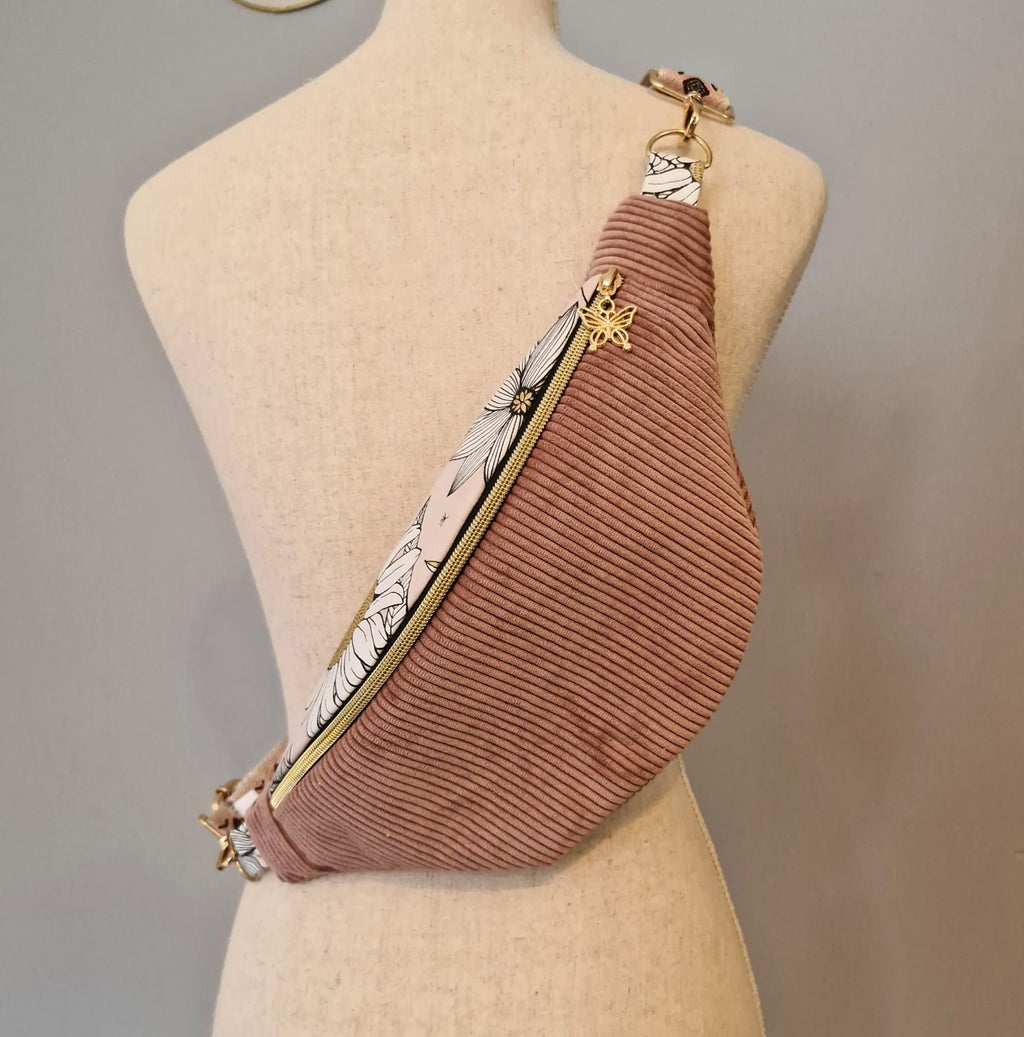 Sac banane femme en velours côtelé rose et fleur "WILLOW" Ma boutique