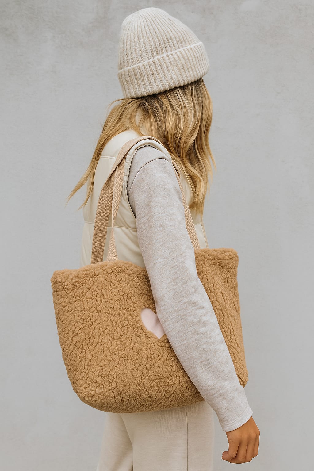 Sac cabas en sherpa beige avec cœur – grand sac doux intérieur polaire blanc 50x40 cm – sac fourre-tout cosy hiver cocoleeline