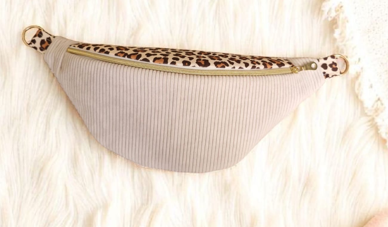 Sac banane femme velours côtelé écru motif léopard – pochette ceinture  – sac ceinture femme fait main, idée cadeau cocoleeline