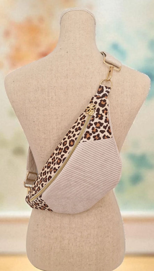 Sac banane femme velours côtelé écru motif léopard – pochette ceinture  – sac ceinture femme fait main, idée cadeau cocoleeline
