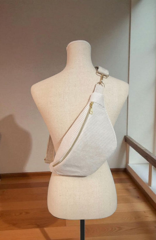 Sac banane femme en velours côtelé blanc écru  et intérieur petits cœurs  "BLANCHE" Ma boutique