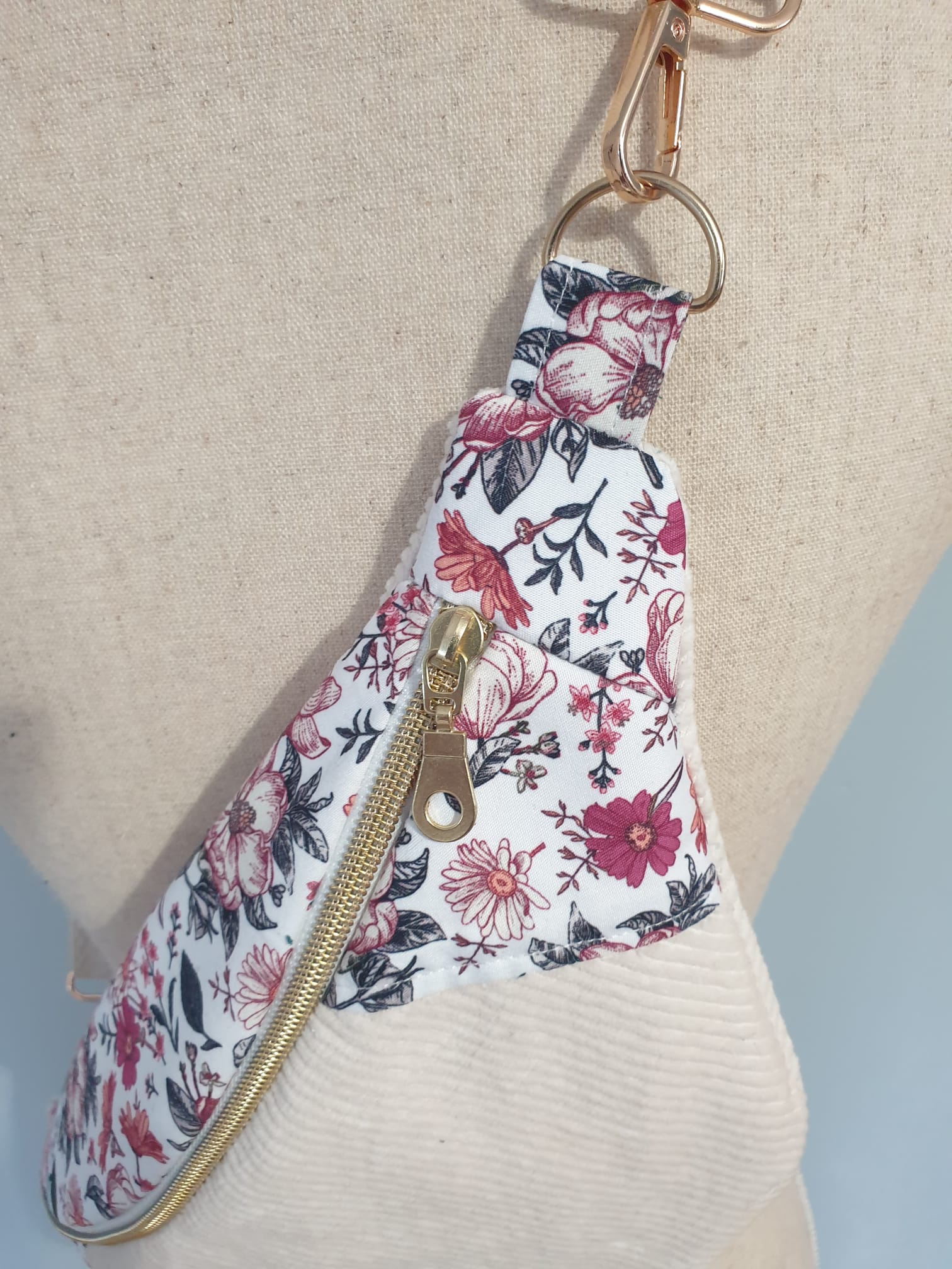 Sac banane pour femme en velours côtelé écru et fleuri cocoleeline