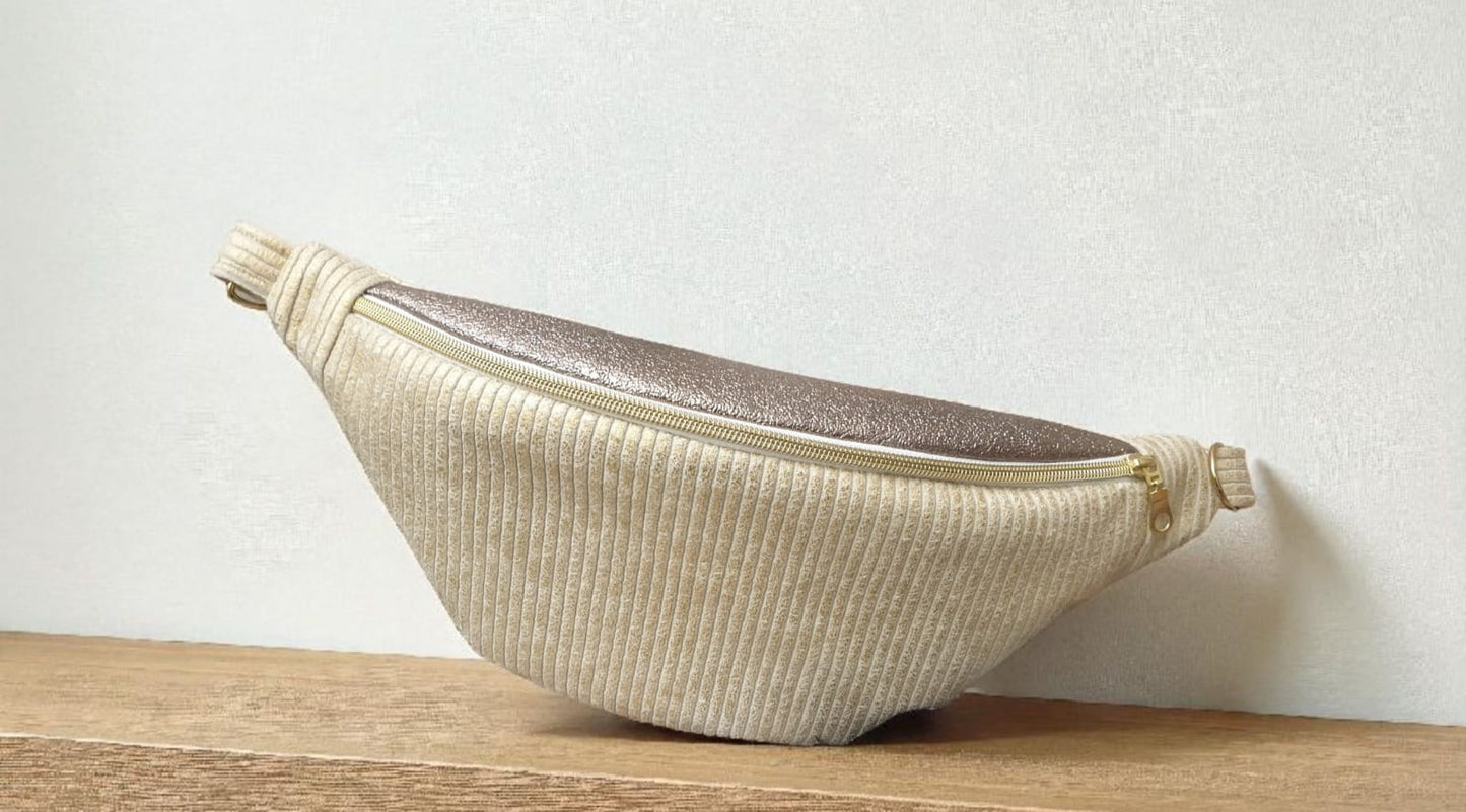 Sac banane velours côtelé écru / doré et similicuir cocoleeline