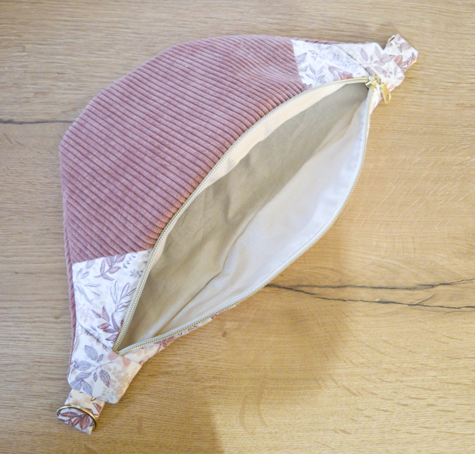 Sac banane pour femme velours côtelé vieux rose fleuri cocoleeline