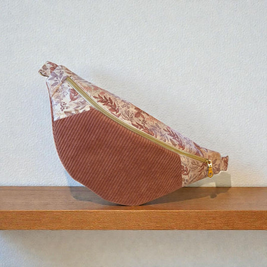 Sac banane pour femme velours côtelé vieux rose fleuri cocoleeline