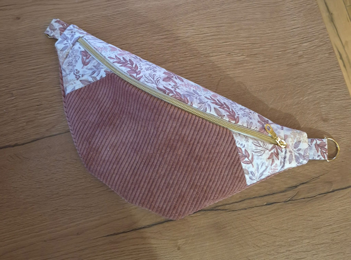 Sac banane pour femme velours côtelé vieux rose fleuri cocoleeline