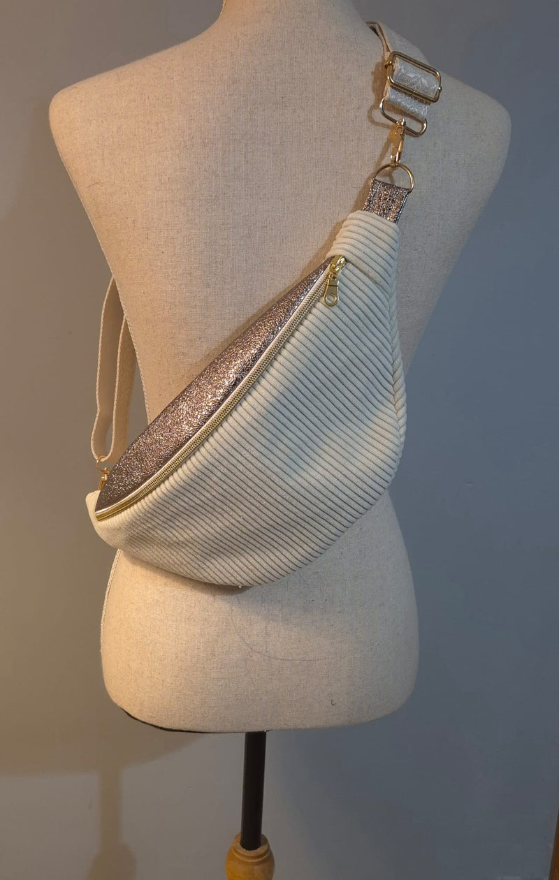 Sac Banane pour femme ou enfant – Velours côtelé écru & touche simili doré cocoleeline