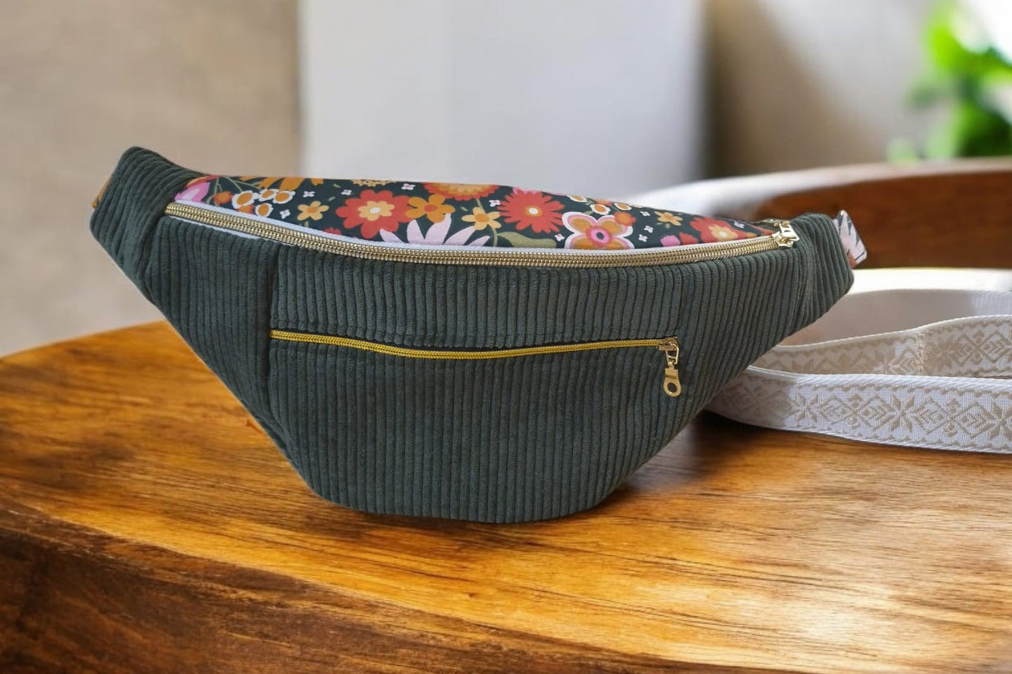 Sac banane vert kaki motif fleuri,Poches avant et arrière cocoleeline