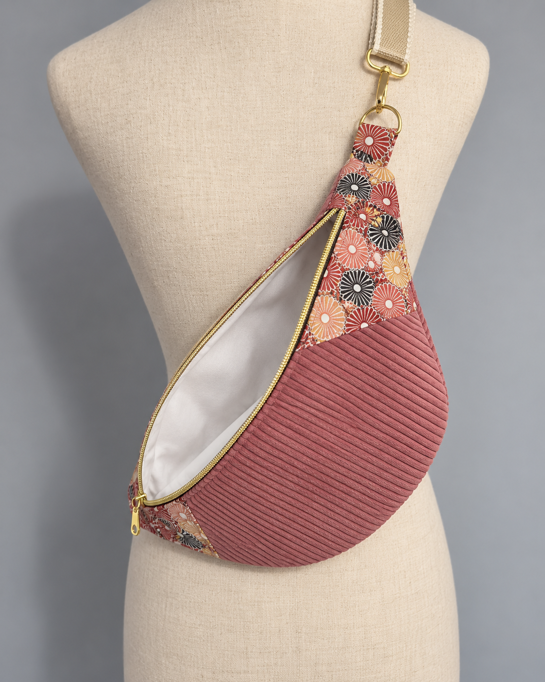 Sac banane femme rose en velours côtelé et tissu à motifs – Fait main cocoleeline