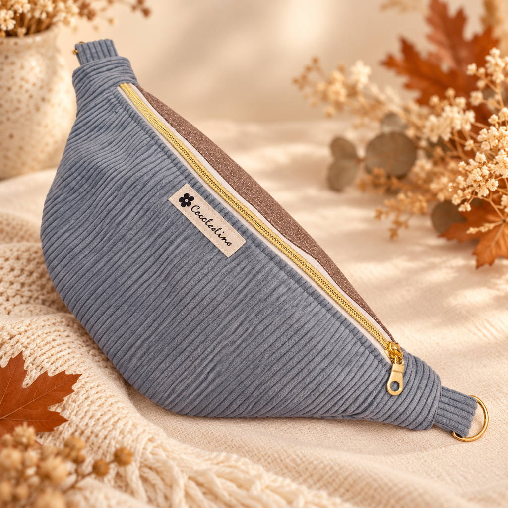Sac banane femme bleu en velours côtelé et simili cuir doré cocoleeline