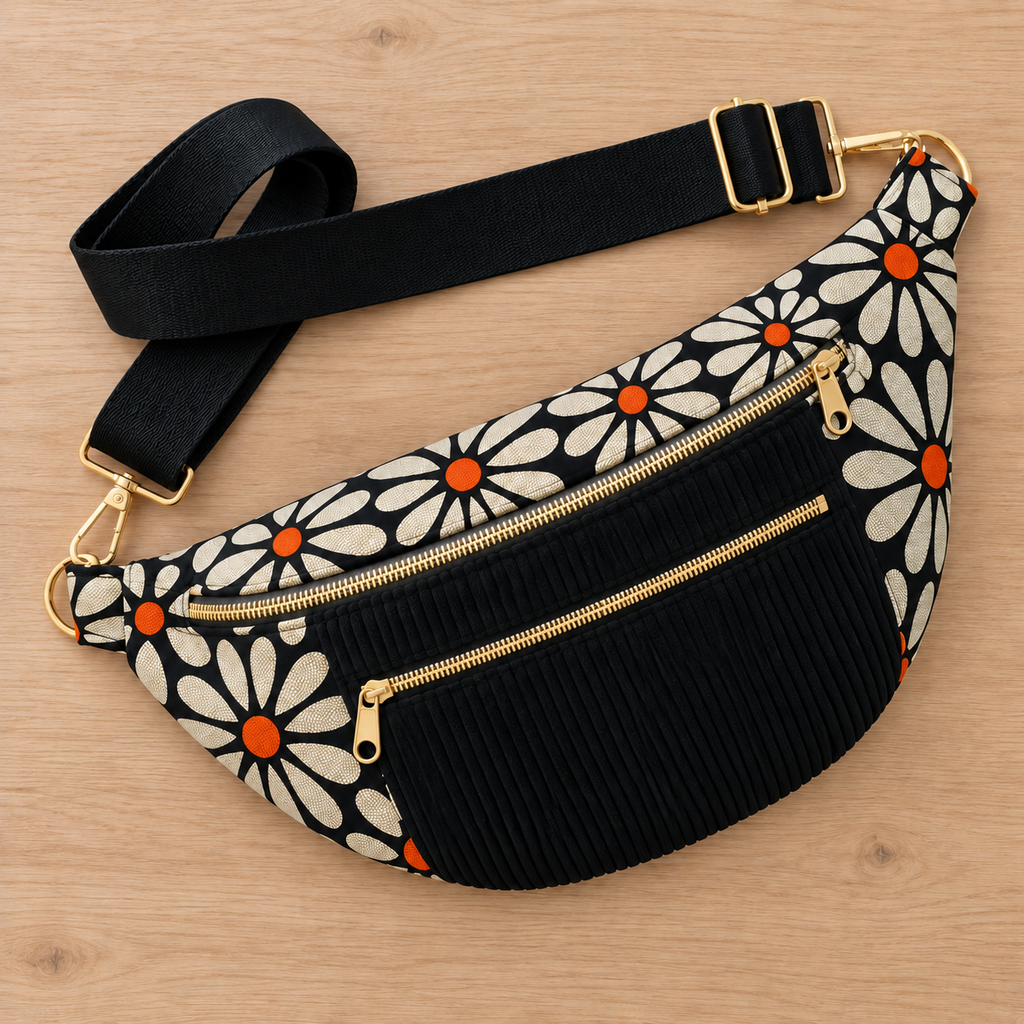 Sac banane femme fleurie noire en velours côtelé – Fait main cocoleeline