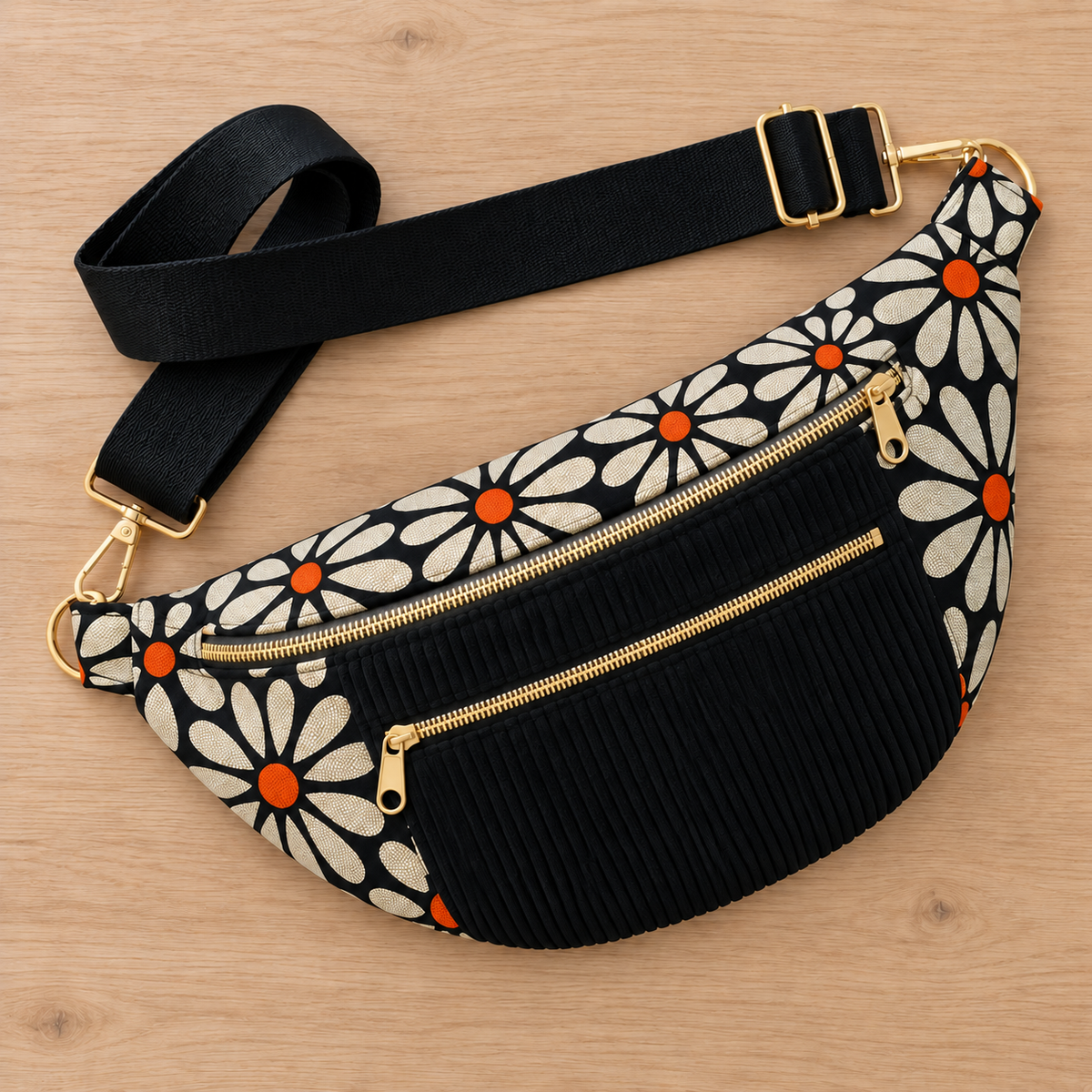 Sac banane femme fleurie noire en velours côtelé – Fait main cocoleeline