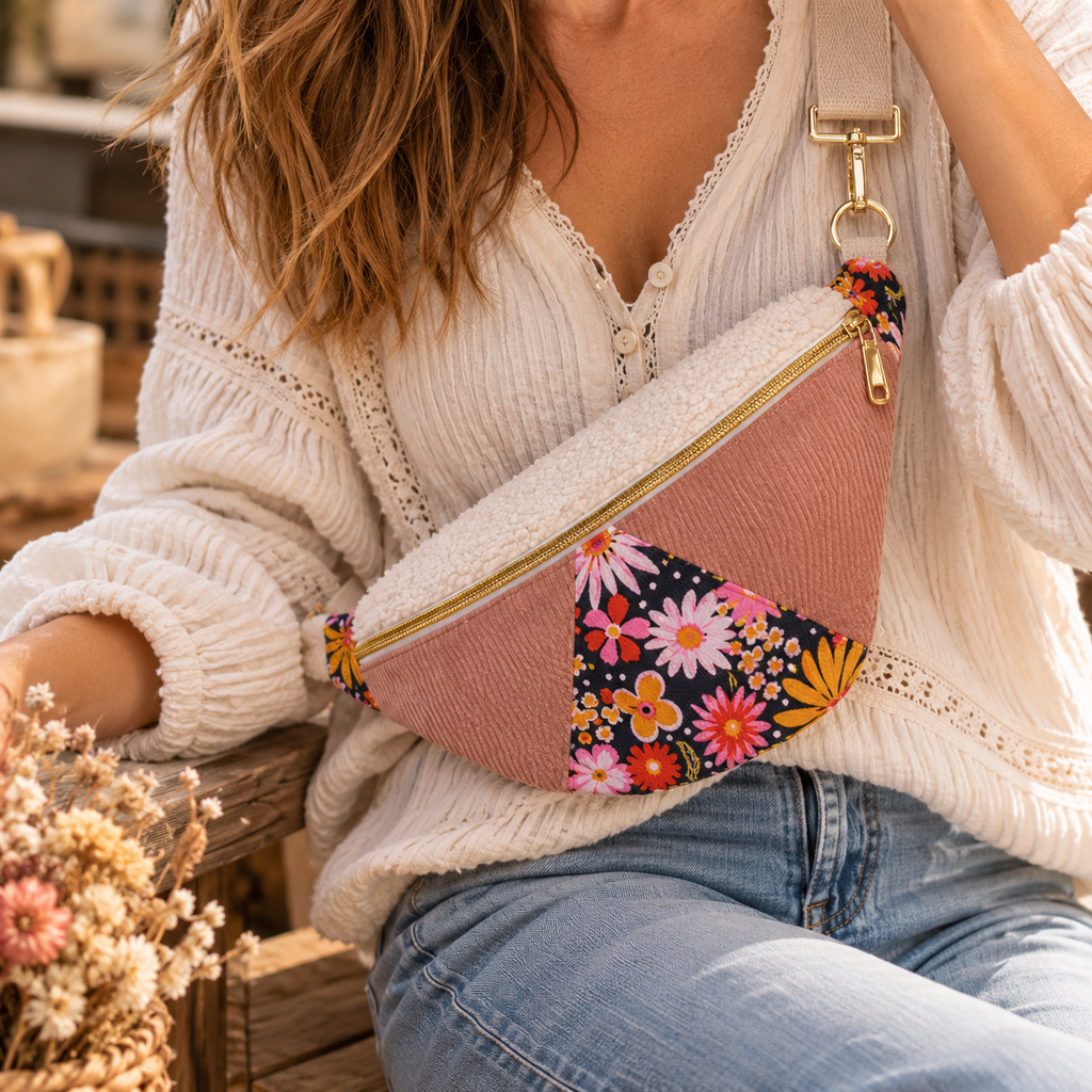 Sac Banane pour femme Velours Côtelé Rose & Fleurs – Élégance & Douceur "MIGNONNE" cocoleeline