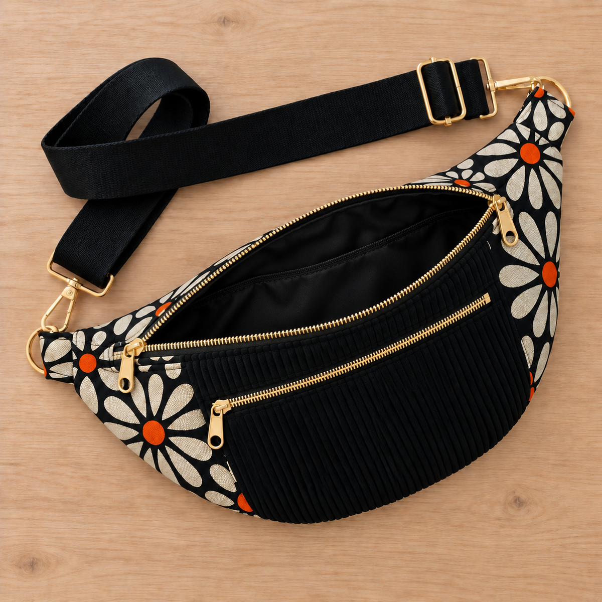 Sac banane femme fleurie noire en velours côtelé – Fait main cocoleeline
