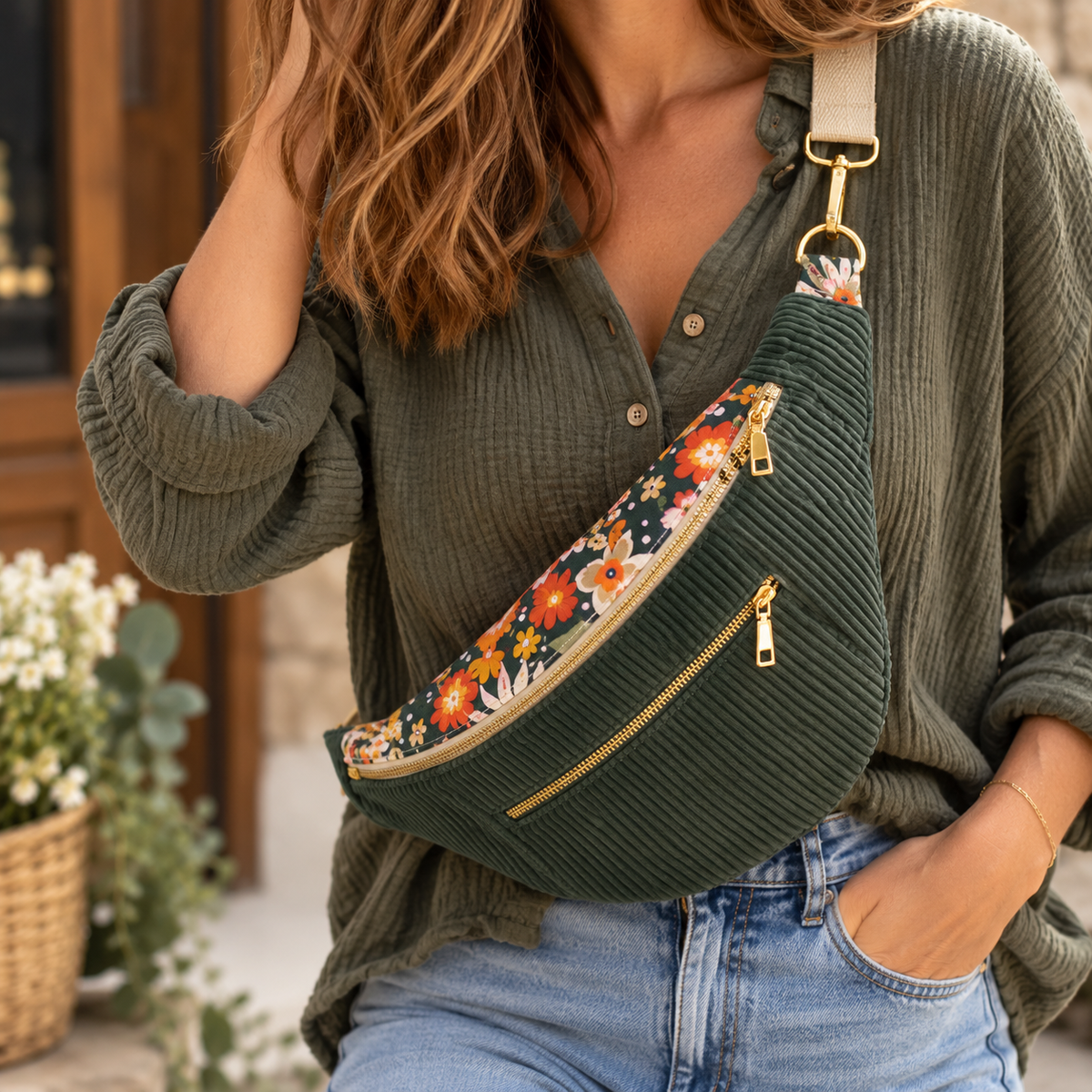 Sac banane vert kaki motif fleuri,Poches avant cocoleeline