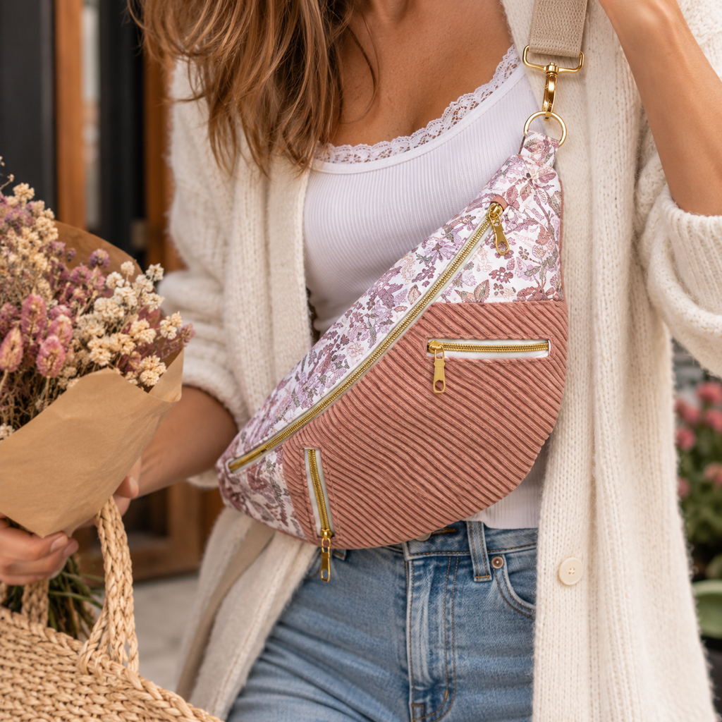 Sac banane en velours côtelé rose clair avec deux poches avant cocoleeline