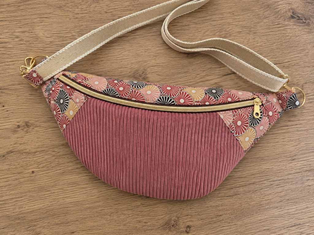 Sac banane femme rose en velours côtelé et tissu à motifs – Fait main cocoleeline