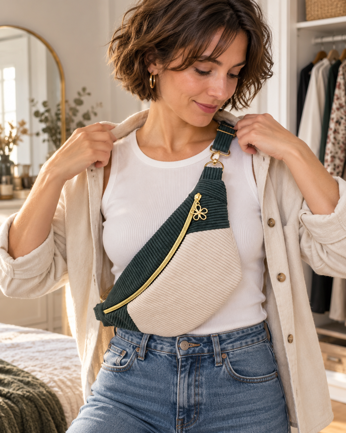 Sac banane pour femme velours côtelé vert et écru cocoleeline