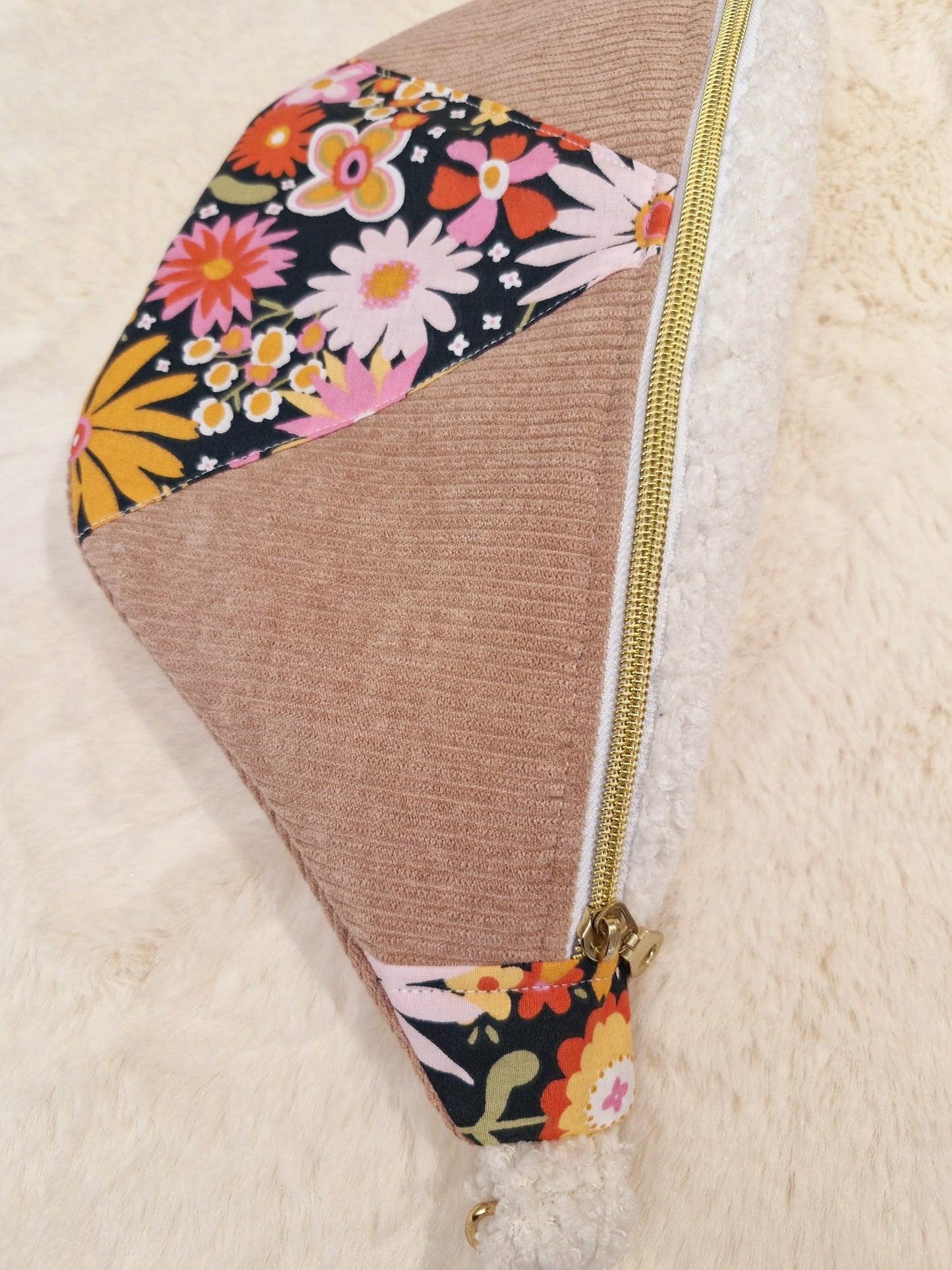 sac banane velours côtelé rose et fleur