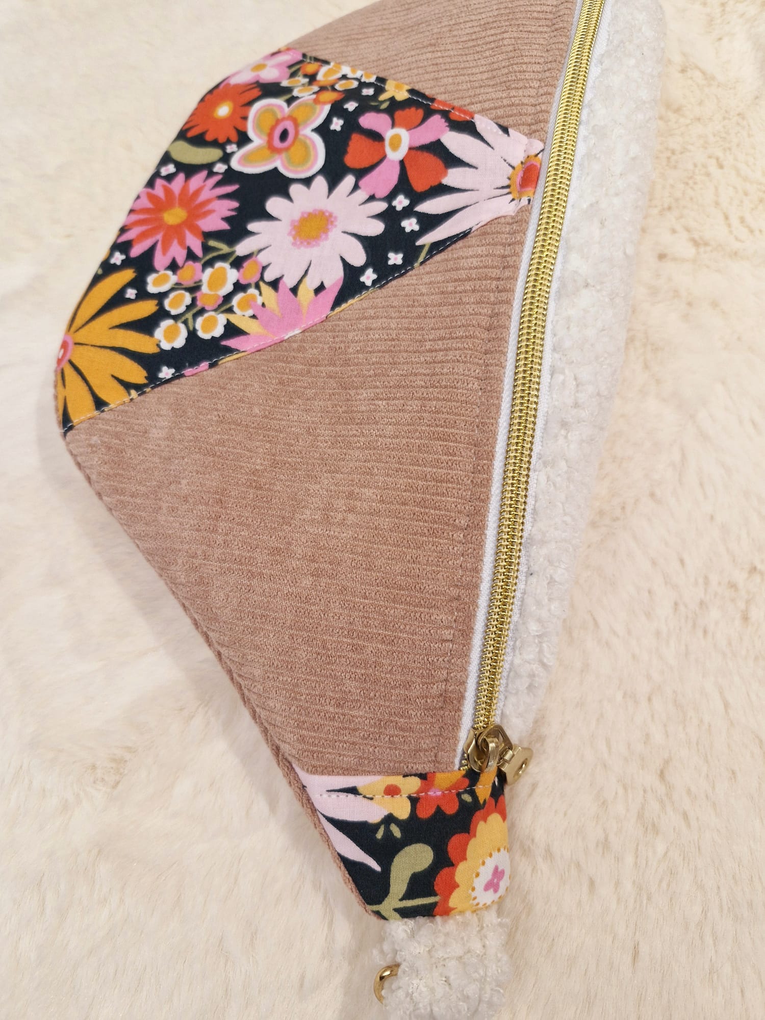 sac banane velours côtelé rose et fleur