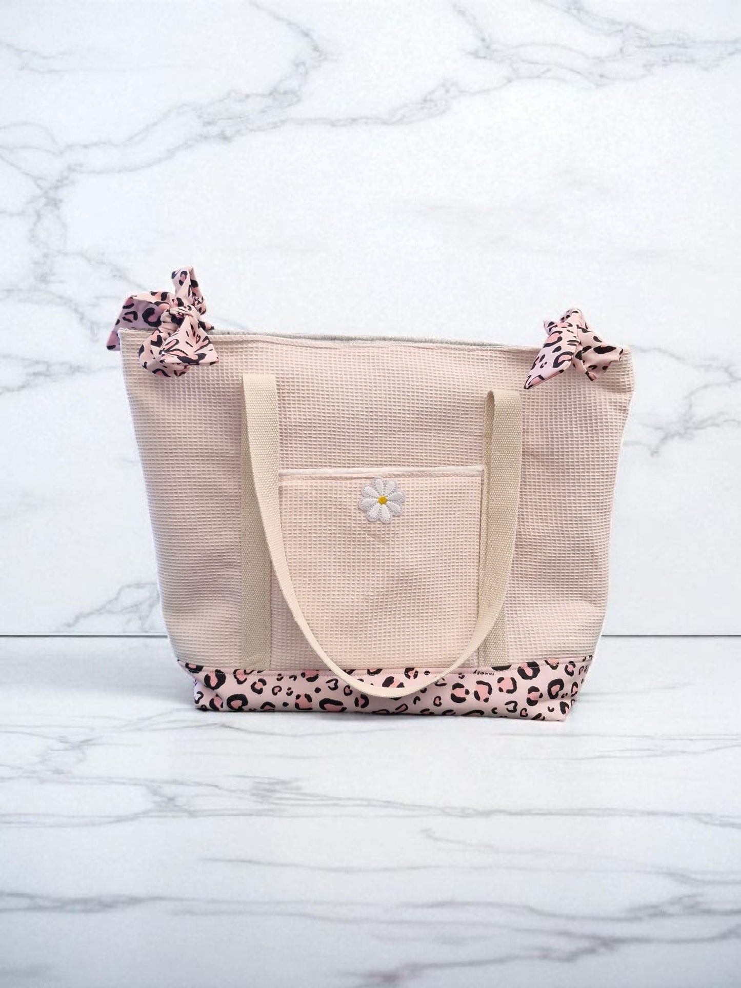 Sac cabas femme en tissu nid d’abeille rose, imprimé léopard  – grand tote bag – sac shopping original fait main cocoleeline