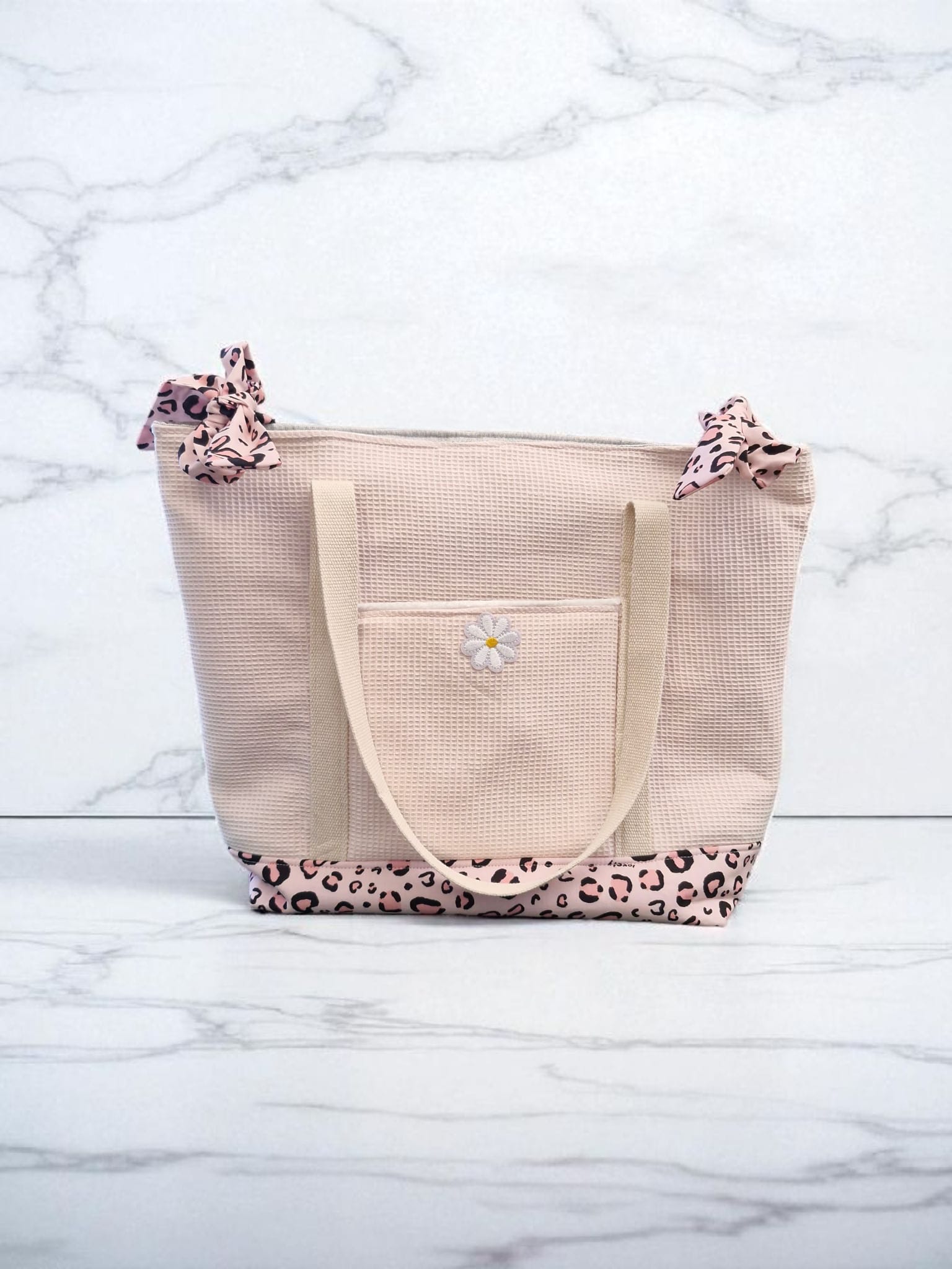 Sac cabas femme en tissu nid d’abeille rose, imprimé léopard  – grand tote bag – sac shopping original fait main cocoleeline