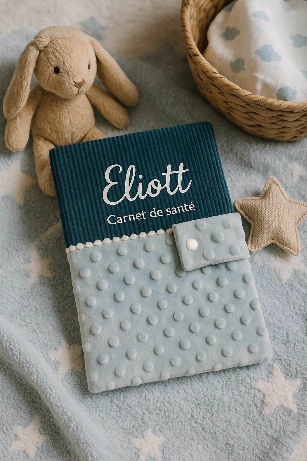 Protège carnet de santé personnalisable en velours côtelé et minky – fait main en France – cadeau de naissance cocoleeline