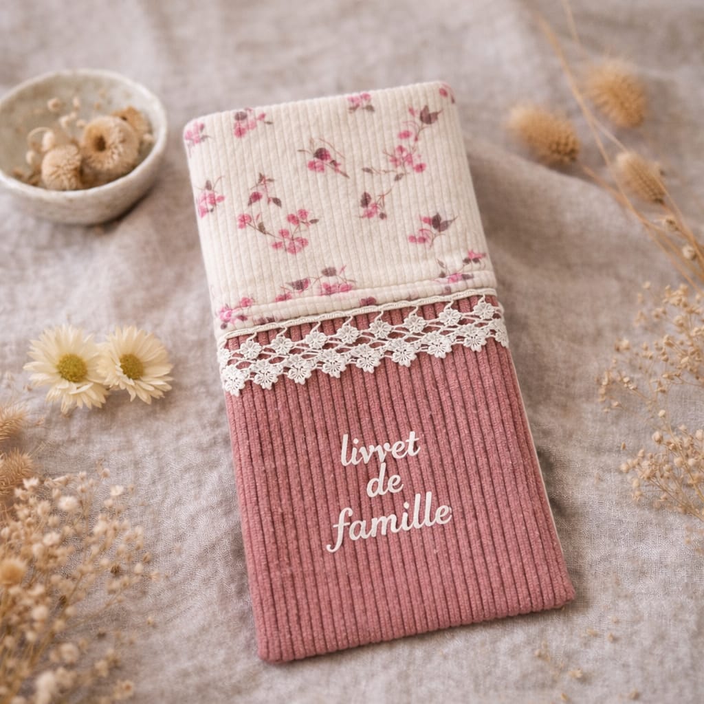 Protège livret de famille – velours rose & dentelle personnalisable cocoleeline