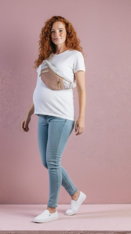 Sac banane en velours côtelé rose clair avec deux poches avant cocoleeline